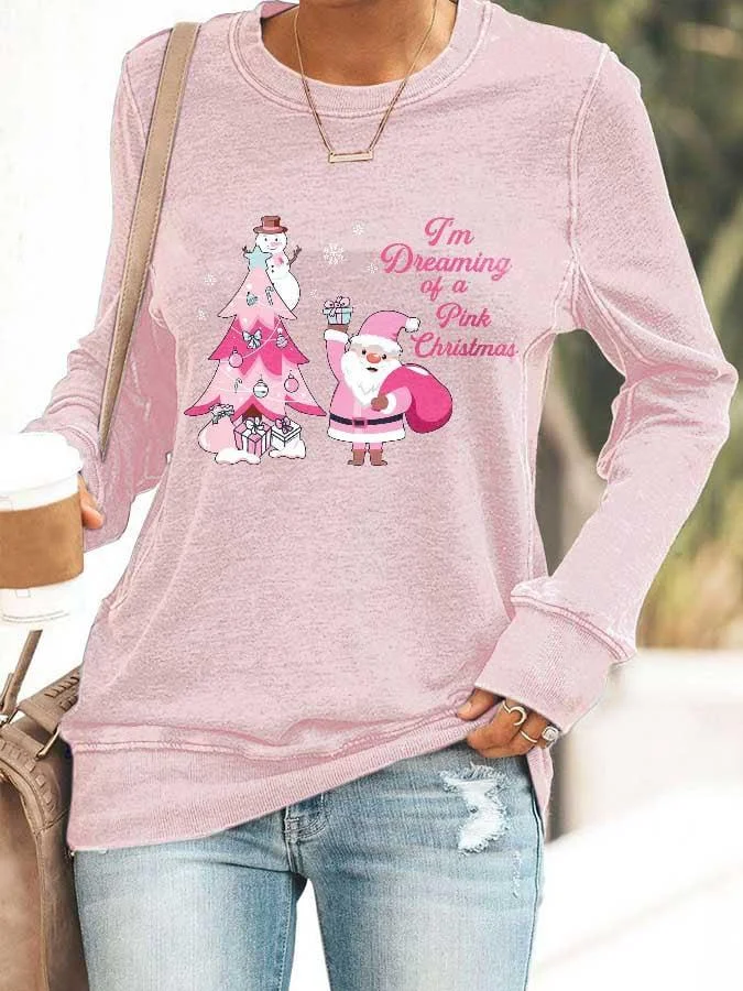 I'm Dreaming Of A Pink Christmas Santa Snowman Print Sweatshirt