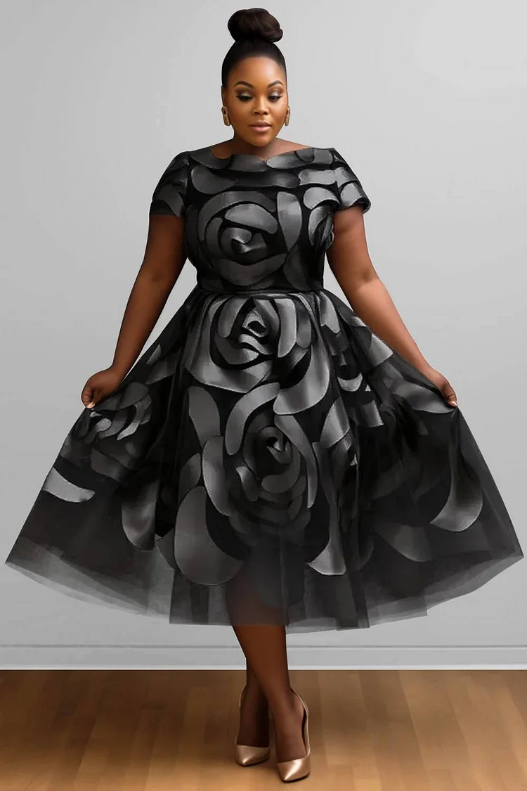 Xpluswear Design Plus Size Wedding Guest Black Floral Round Neck Short Sleeve See Through Elegant Midi Dresses [Pre-Order]