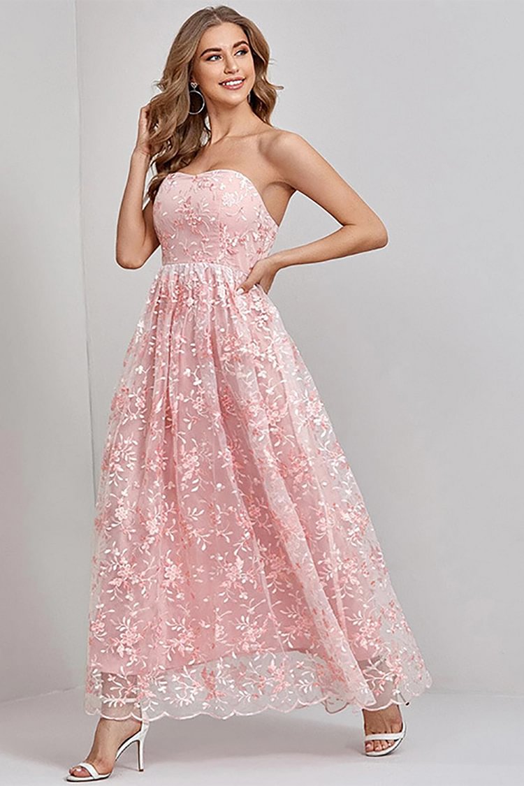 Floral Embroidery Double Layered Tube Gown Maxi Dresses