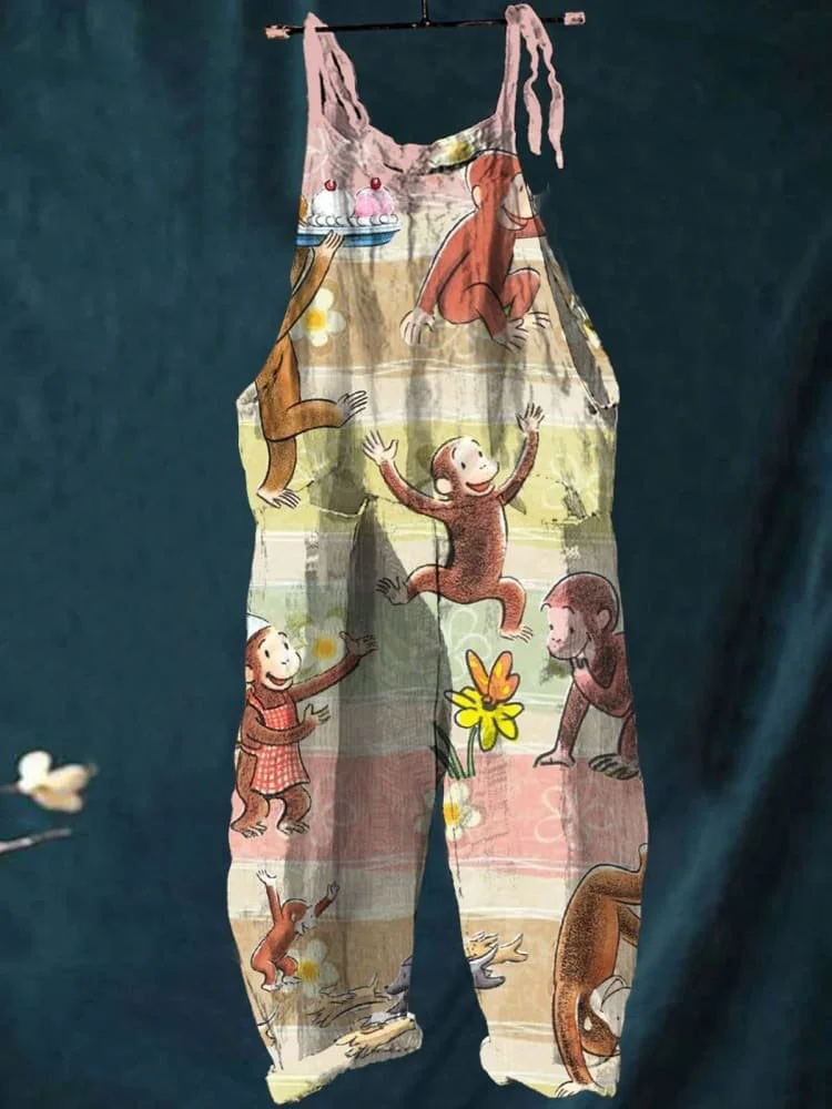 Women's Vintage Lovely Monkey Art Print Casual 100% Cotton Wide Leg Jumpsuit
