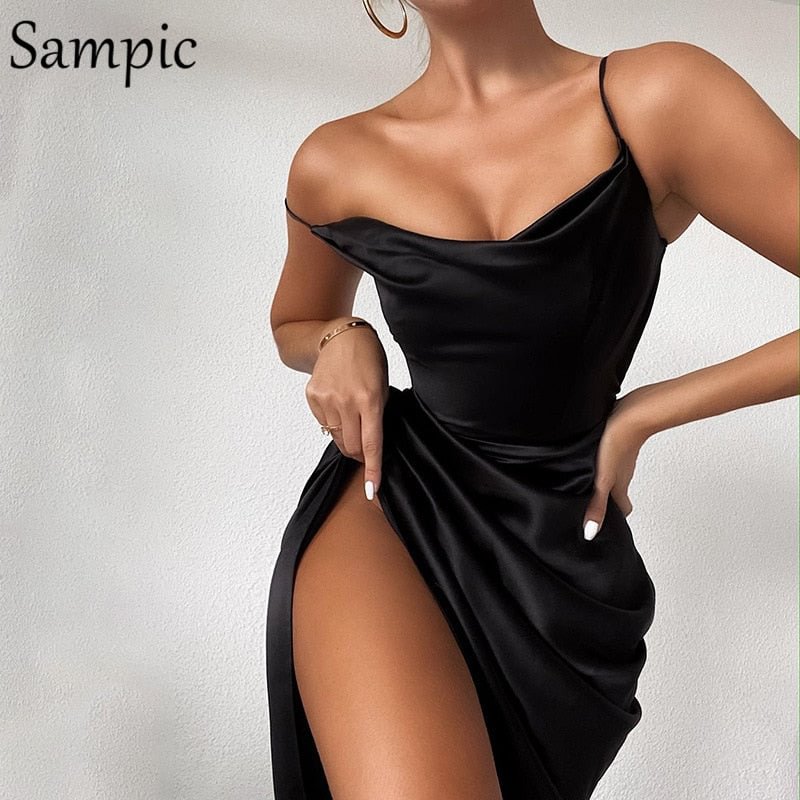 Sampic Fashion Elegant Sexy Party Club Women White Slit Long Bodycon Dress Sleevless Black Ladies Stain Wrap Dresses 2020 Summer