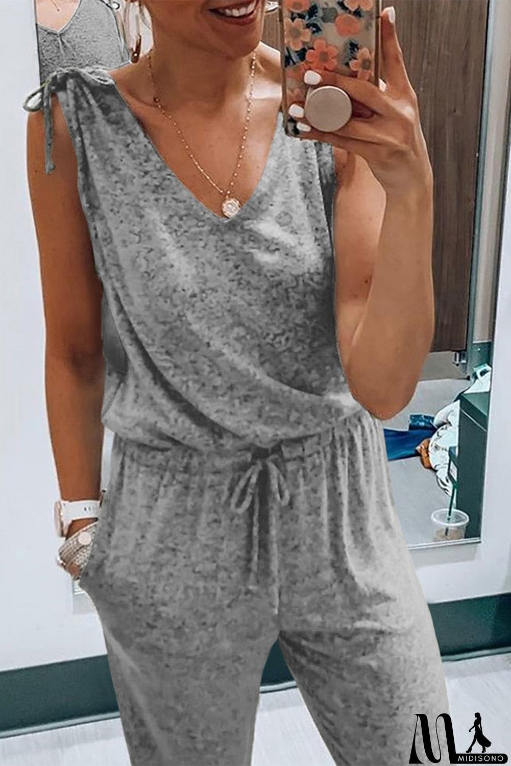 MidiSono - V Neck Tied Drawstring Sleeveless Jumpsuit