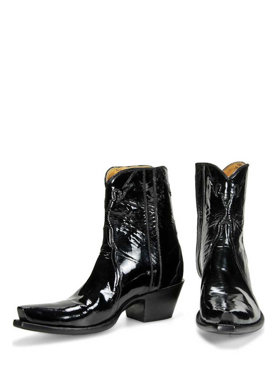 Black Patent Leather Snip Toe Western Ankle Boots with Chunky Heel