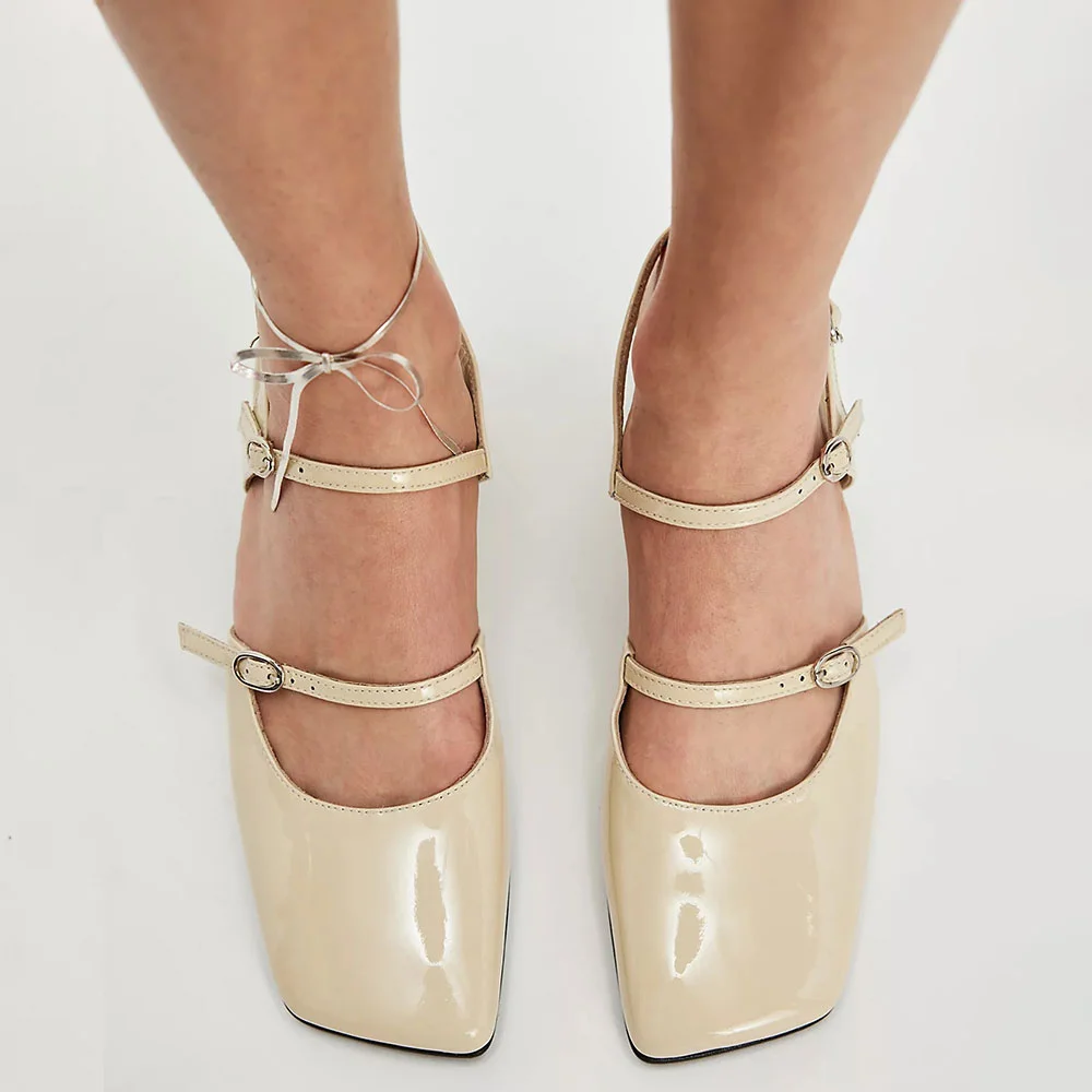Simple Beige Square Toe Buckle Strap Block Heeled Mary Janes