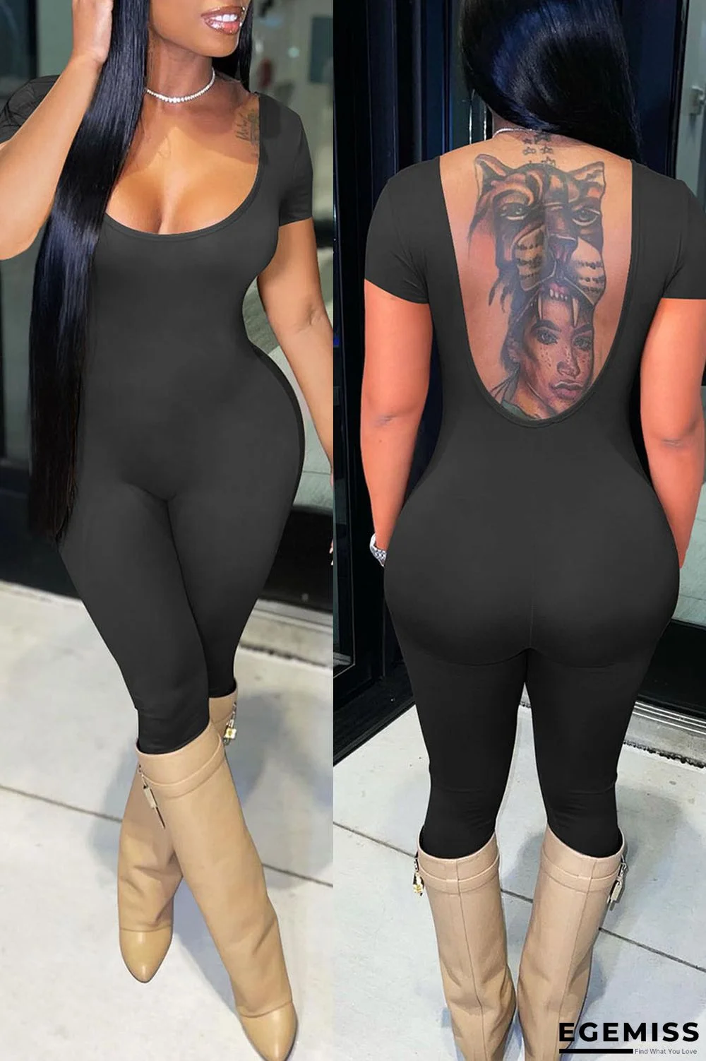 Black Sexy Solid Patchwork Backless U Neck Regular Jumpsuits | EGEMISS