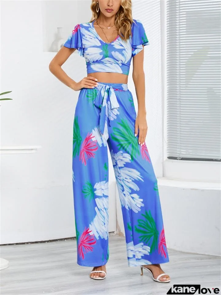 Female Classy Slim Printed V Neck Shirt Drawstring Wide Leg Pants