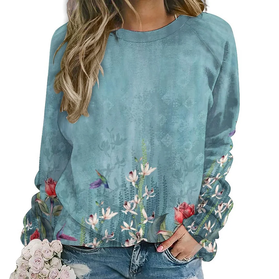 Printed Long Sleeve Casual Sweatshirt for  Women and Men Unisex Pattern Floral, Green, Red