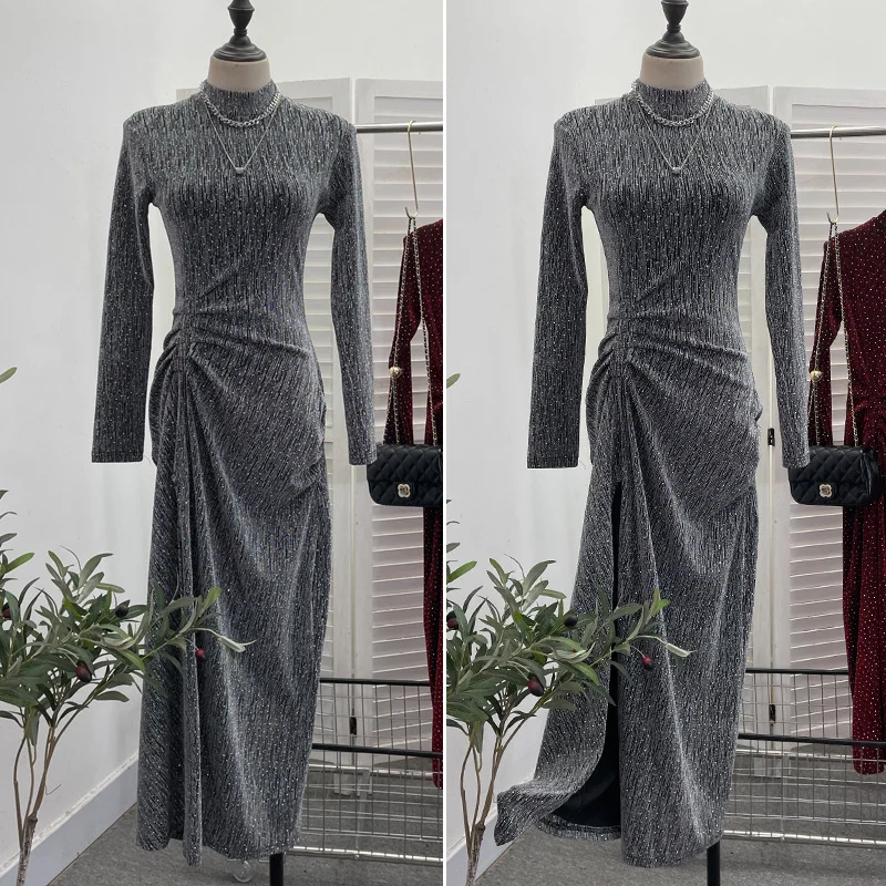 Uveng Design Sexy High Open Fork Folded Small Squint Dress Half-High Collared Shoulder Dress 8872