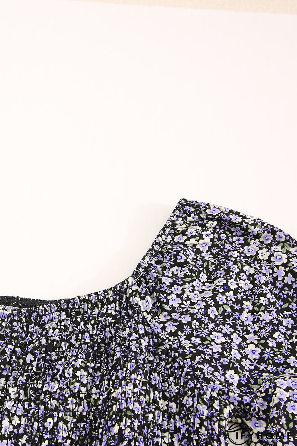 Purple Floral Print Shirred Slim-fit Long Sleeve Mini Dress | IFYHOME