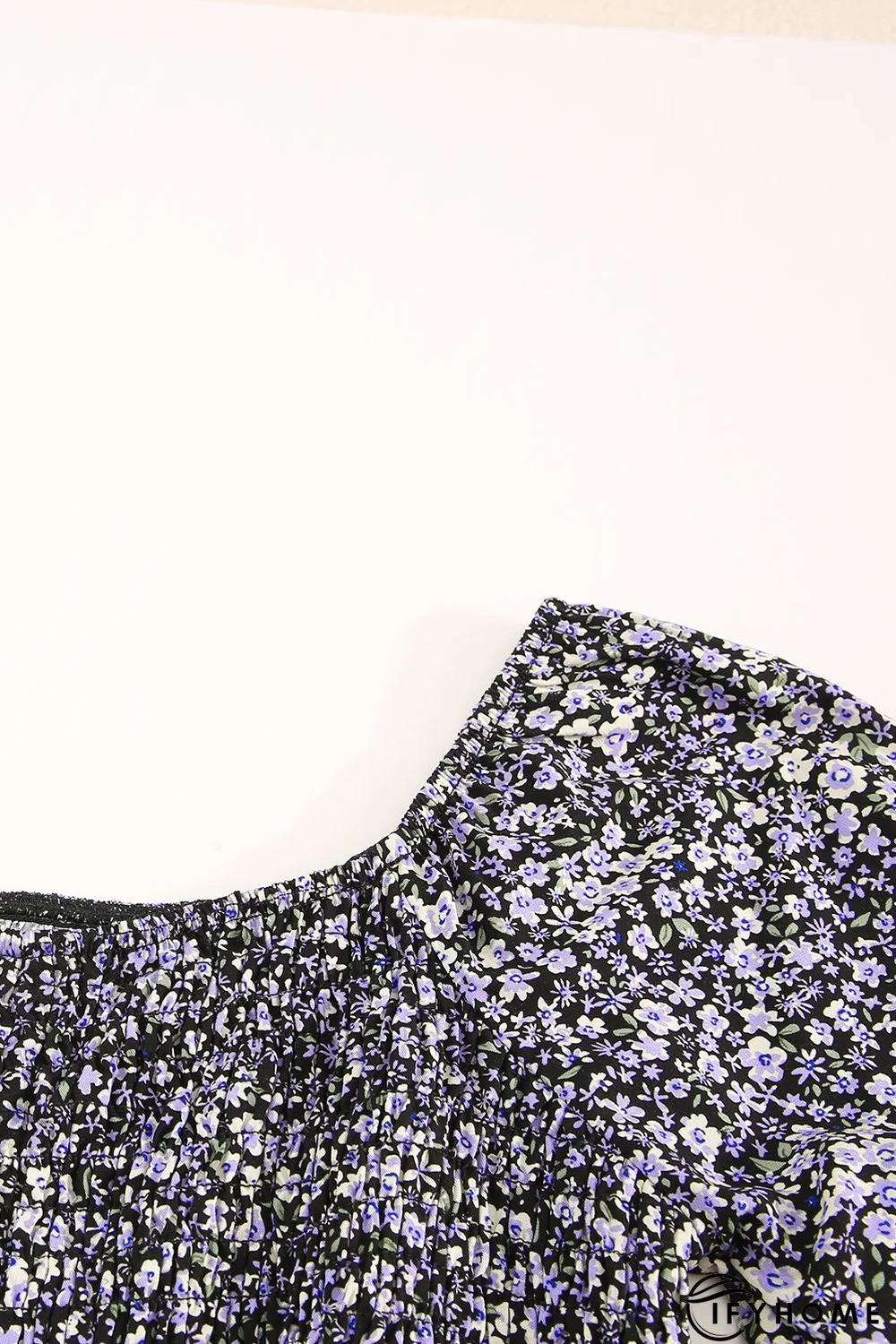 Purple Floral Print Shirred Slim-fit Long Sleeve Mini Dress | IFYHOME