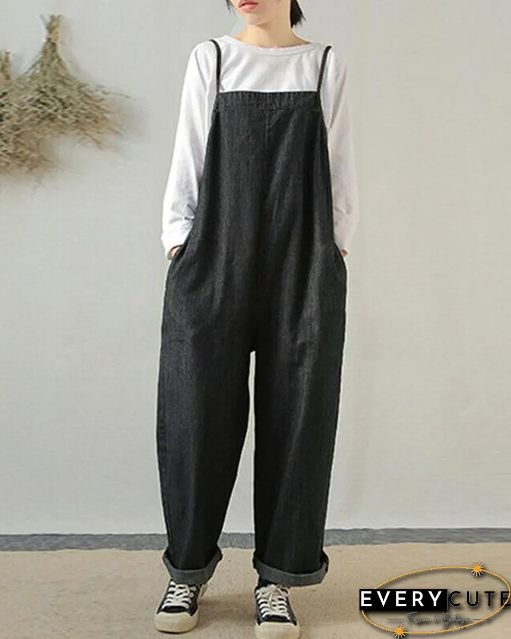 Women Sleeveless Wide Leg Cargo Pants Plain Casual Overalls Jumpsuit Romper