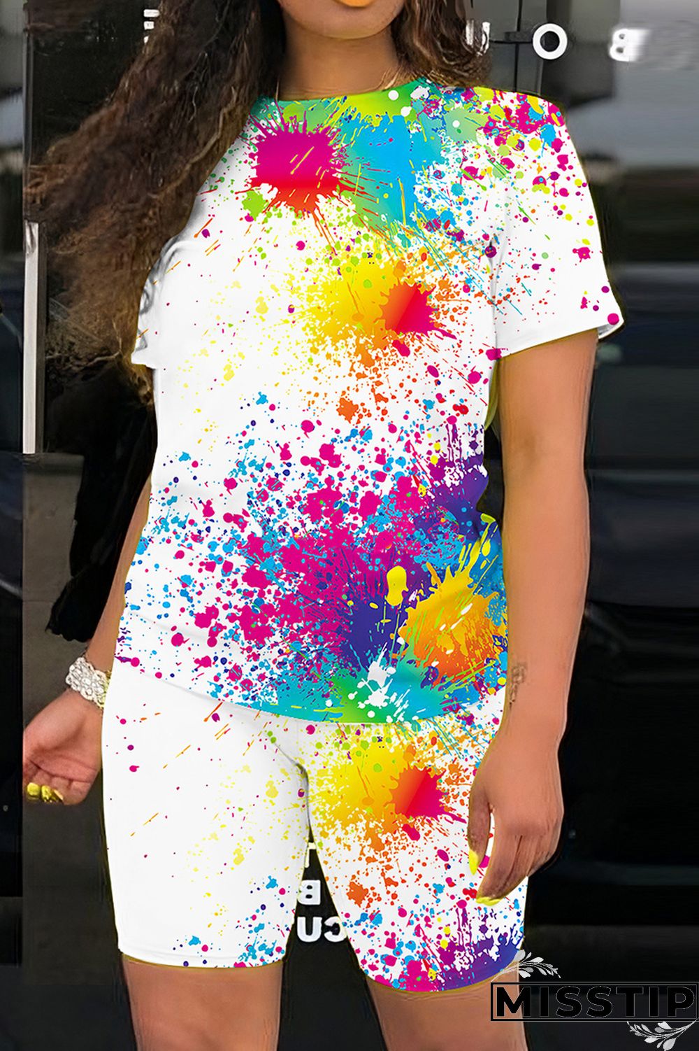 Multicolor Casual Print Basic O Neck Short Sleeve Two Pieces