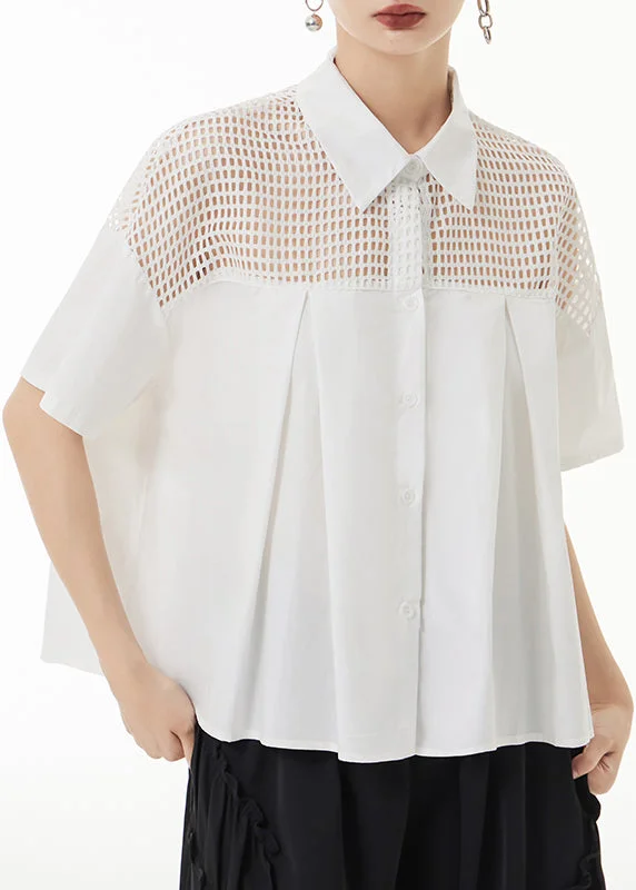 Loose White Peter Pan Collar Hollow Out Patchwork Cotton Shirt Summer