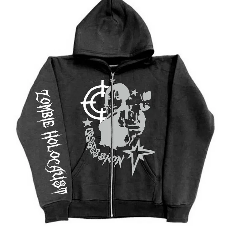 Y2k Gunner Print Zipper Sweater Loose Cardigan Hoodie at Hiphopee