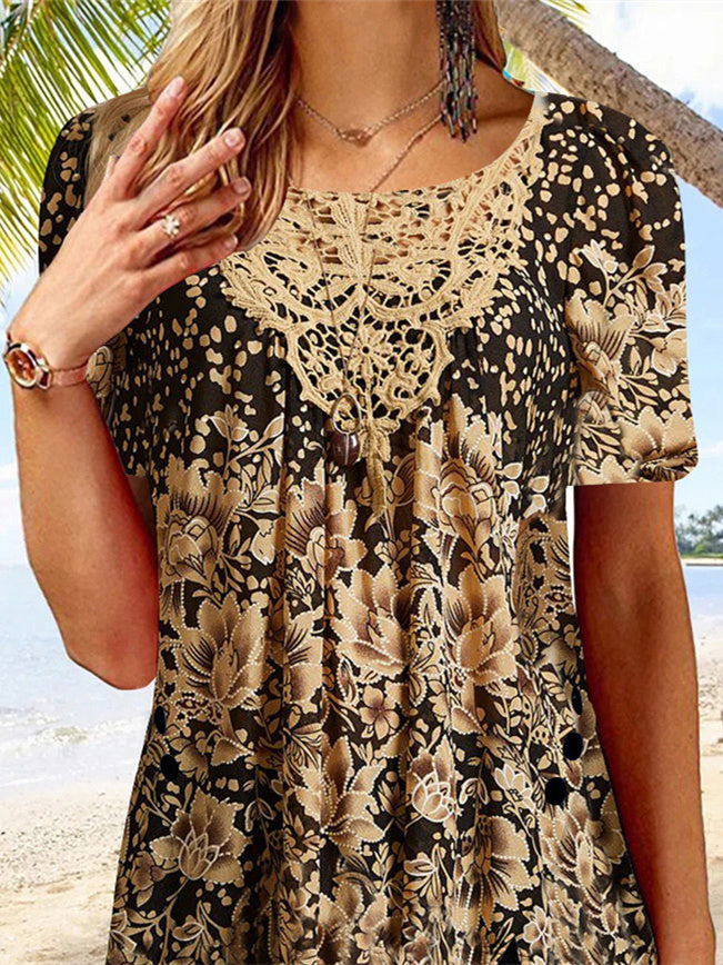 Women's Gold Scoop Neck Short Sleeve Printed Top