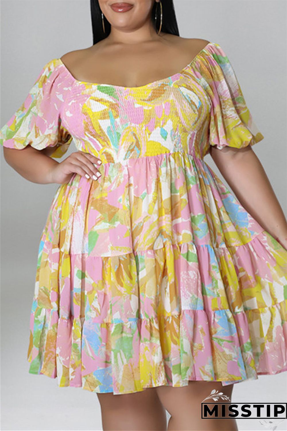 Blue Fashion Casual Plus Size Print Patchwork O Neck Short Sleeve Dress