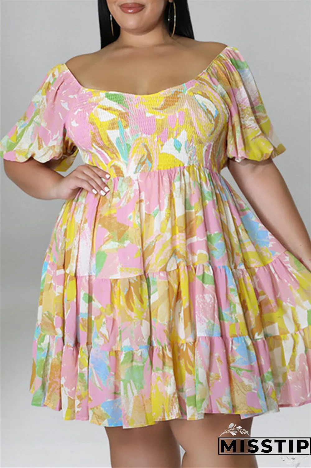 Blue Fashion Casual Plus Size Print Patchwork O Neck Short Sleeve Dress