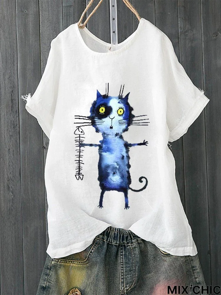 Short Sleeve Cotton-Blend Round Neck Sweet T-shirt