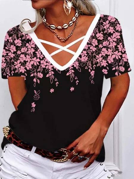 Women's Clothes Summer Short Sleeved V-neck Floral T-shirts Short Sleeved Blouses Women Casual Tops Loose Fit Shirts for Women