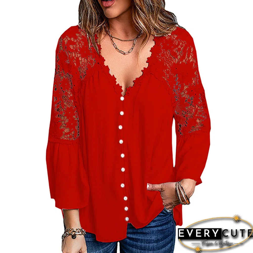 Red Splice Lace Button Flared Sleeve Blouse