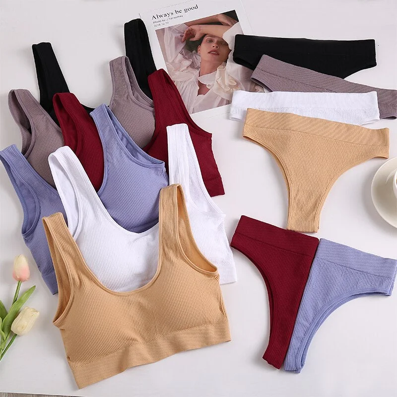 New Sexy Seamless Lingerie Comfortable Underwear Suit Brassiere Sets Wireless Bras Tank Top Push Up Bra Set 6 Solid Colors S-XL