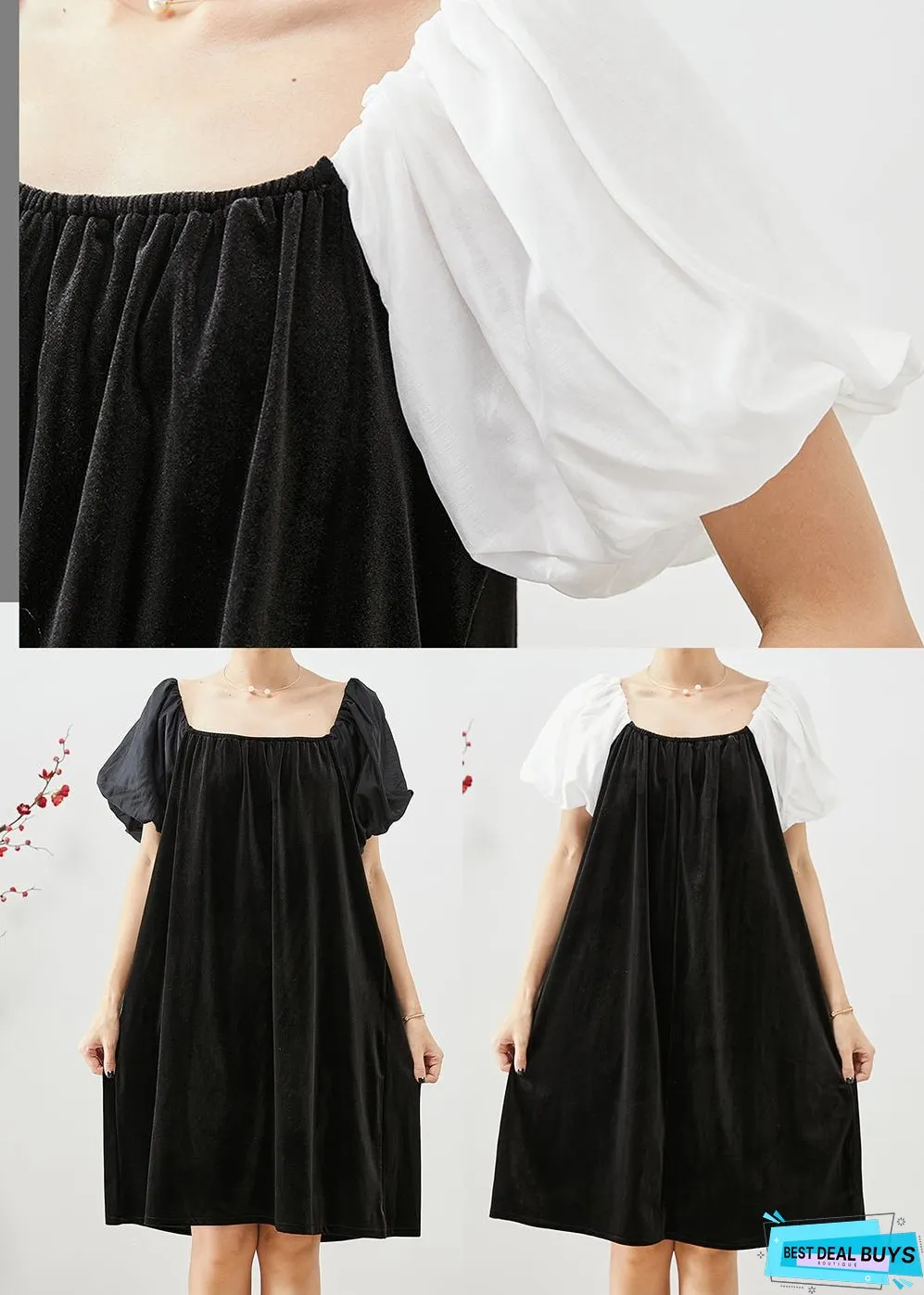 White Patchwork Silk Velour Dresses Oversized Square Collar Puff Sleeve