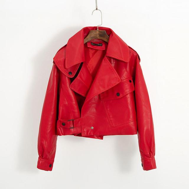 LANFUBEISI New Spring Women Faux Leather Jacket Biker Red White Coat Turndown Collar PU Motorcycle Jackets Loose Streetwear Outerwear LANFUBEISI