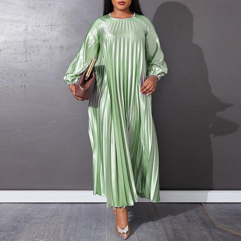 VONDA Long Dresses 2022 Women Long Sleeve Vestidos Female A-Line Solid O-Neck Loose Satin Slik Robes Pleated Sundress Oversize