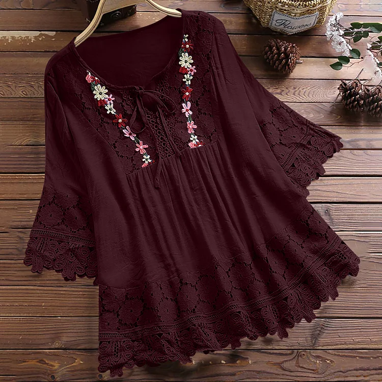 Women's Blouses Loose Belted Lace 3/4 Sleeves Blouse