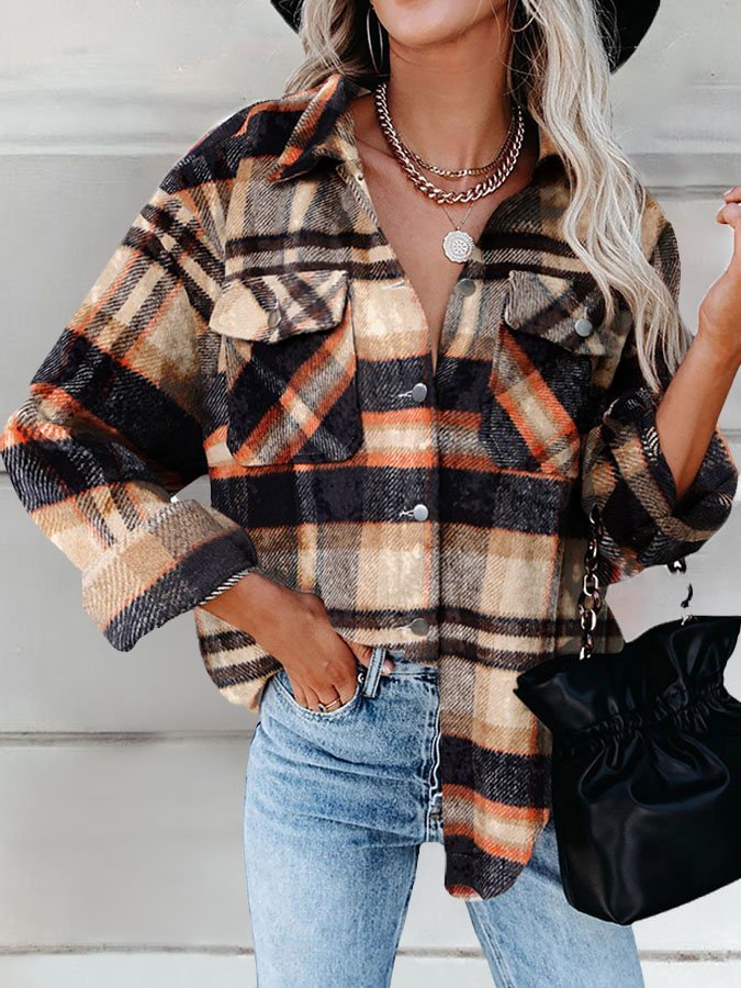Women's Vintage Ethnic Wool Shirt Long Sleeve Plaid Jacket