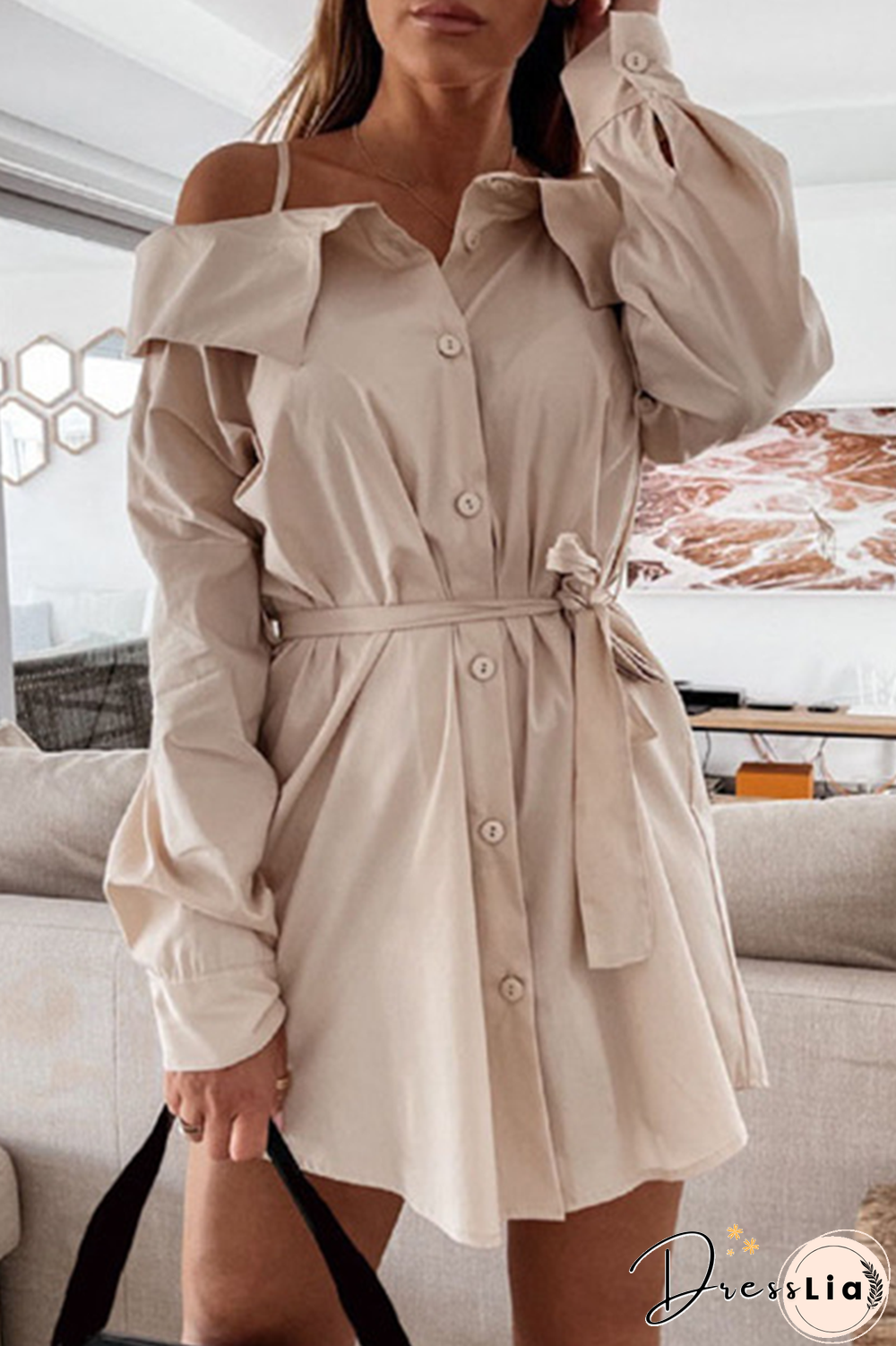 Fashion Street Solid Buckle With Belt Off The Shoulder Irregular Dress Dresses