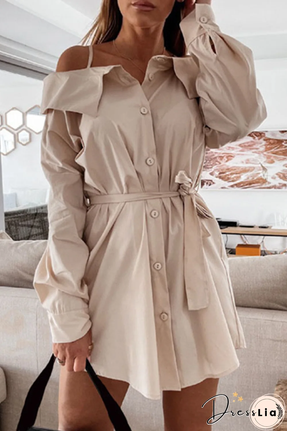 Fashion Street Solid Buckle With Belt Off The Shoulder Irregular Dress Dresses