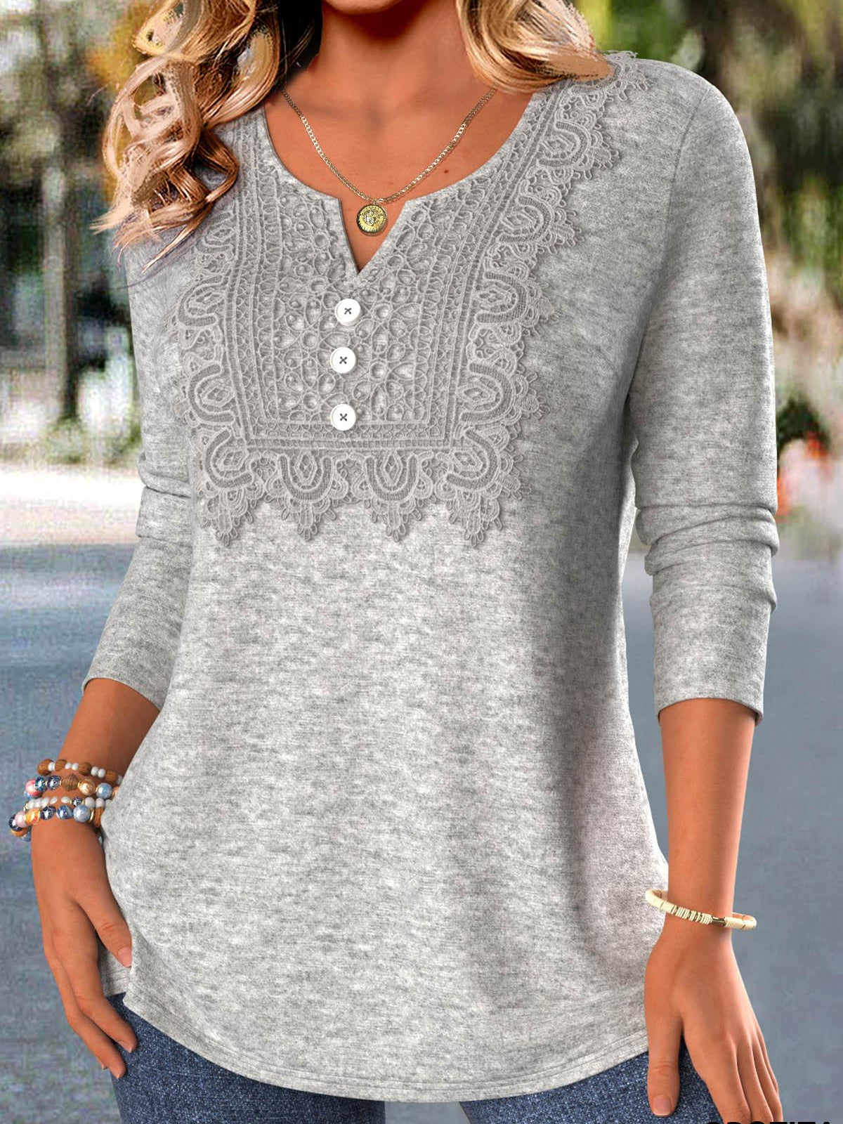 Women Long Sleeve V-neck Solid Lace Tops