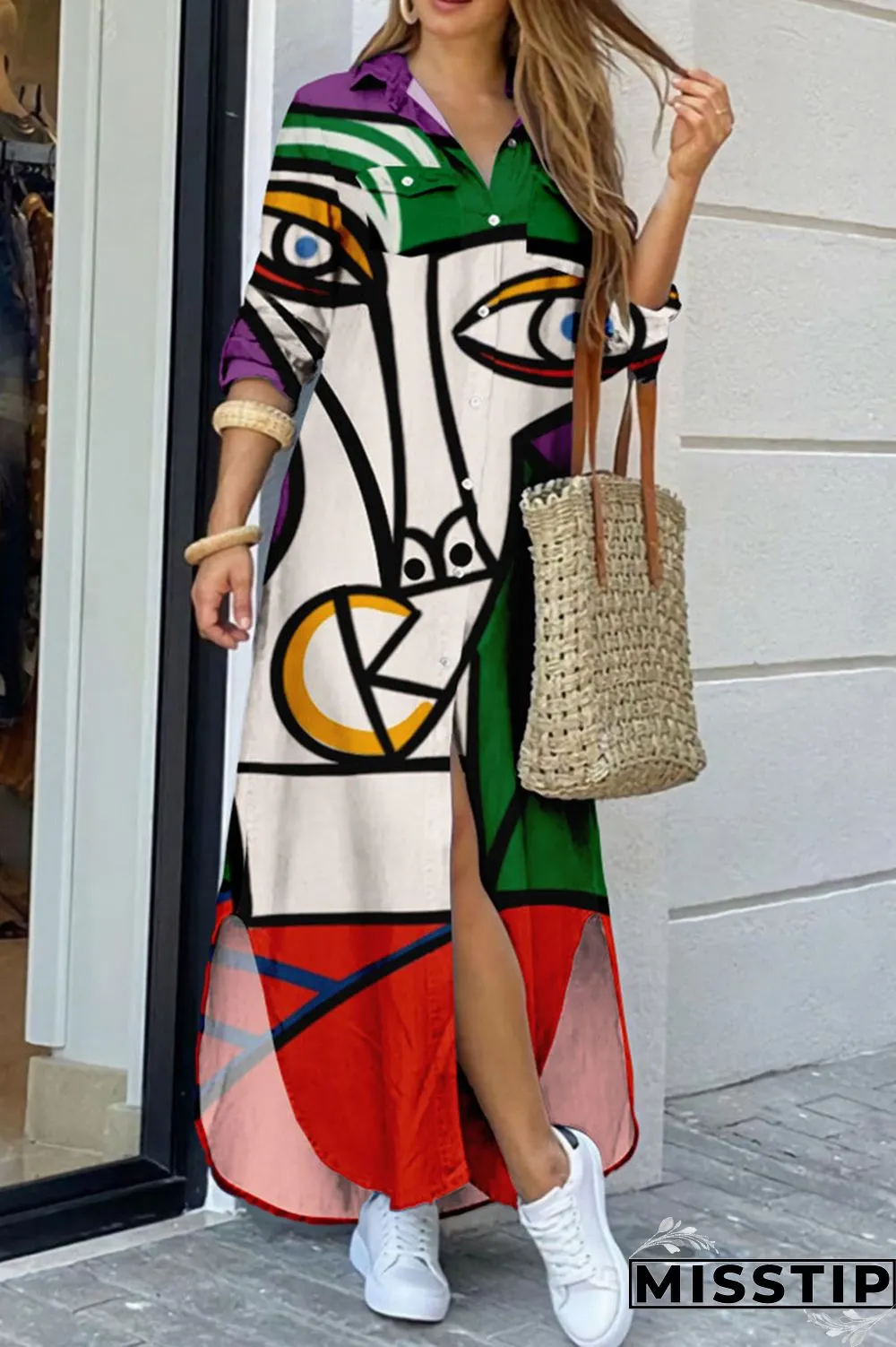 Lake Green Casual Street Print Patchwork Buckle Turndown Collar Shirt Dress Dresses