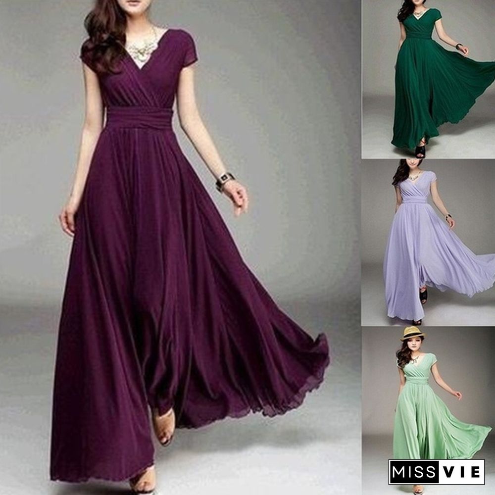 Womens Fashion Spring Summer Autumn Bohemian Maxi Dress Beach Evening V-Neck Sexy Women