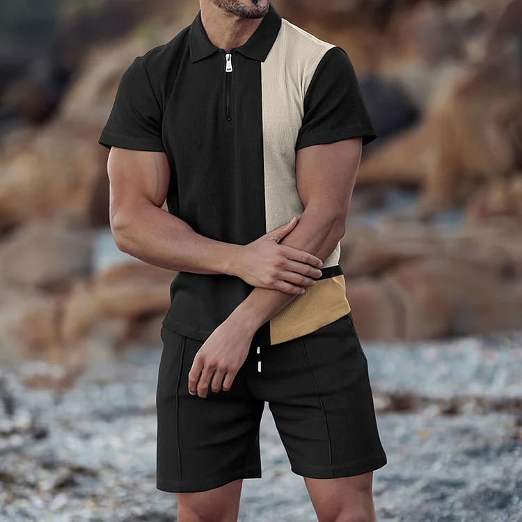 BrosWear Zipper Fashion Black Khaki Short Sleeve Polo Shirt And Short Co-Ord