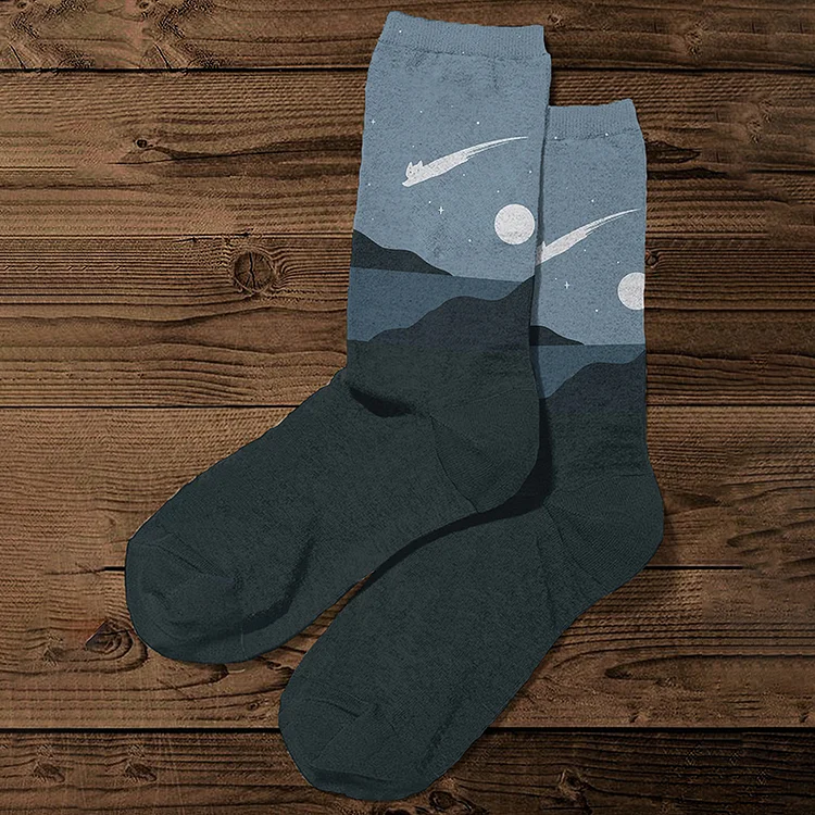 Abstract Creative Cute Cat Leaping Under The Starry Sky Painting Art Comfy Socks