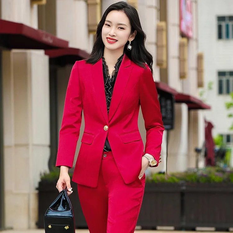 Women Pants Suit Uniform Designs Formal Style Office Lady Bussiness Attire Red Autumn Long Sleeve Suit Coat for Women