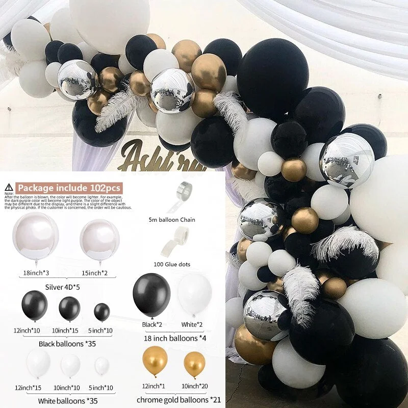 Christmas Gift 102pcs Silver 4D Black Balloons Arch Kit Metallic Gold Balloon Garland Wedding Birthday Party Decor Kids Baby Shower Globos