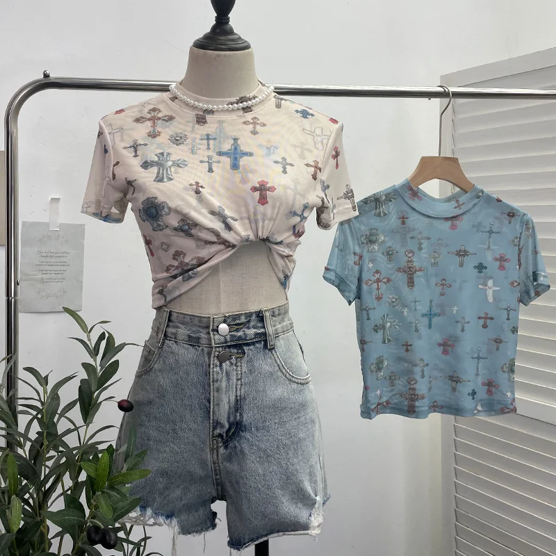 Nigikala Nigikala Shooting Retro Tie-Dye Double-Layer Mesh Half-High-Neck Short-Sleeved T-Shirt T-Shirt Short-Sleeved T-Shirted Woman 8833