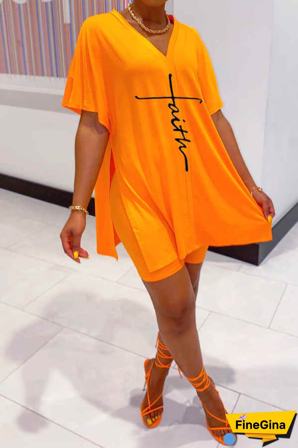 Casual V Neck Letter Print Shorts Set