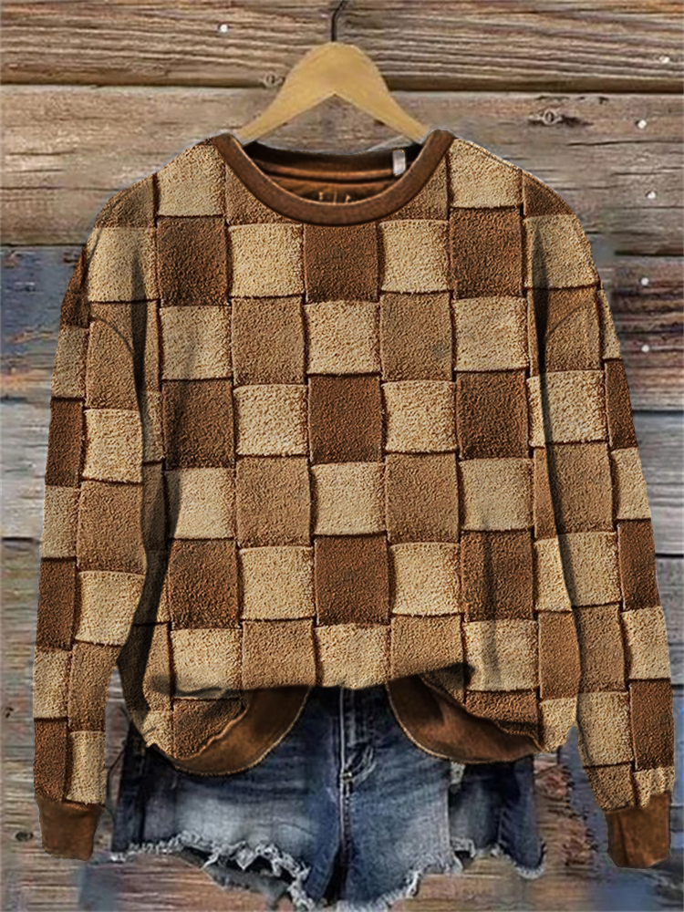 Vintage Woven Leather Pattern Comfy Sweatshirt wearshes