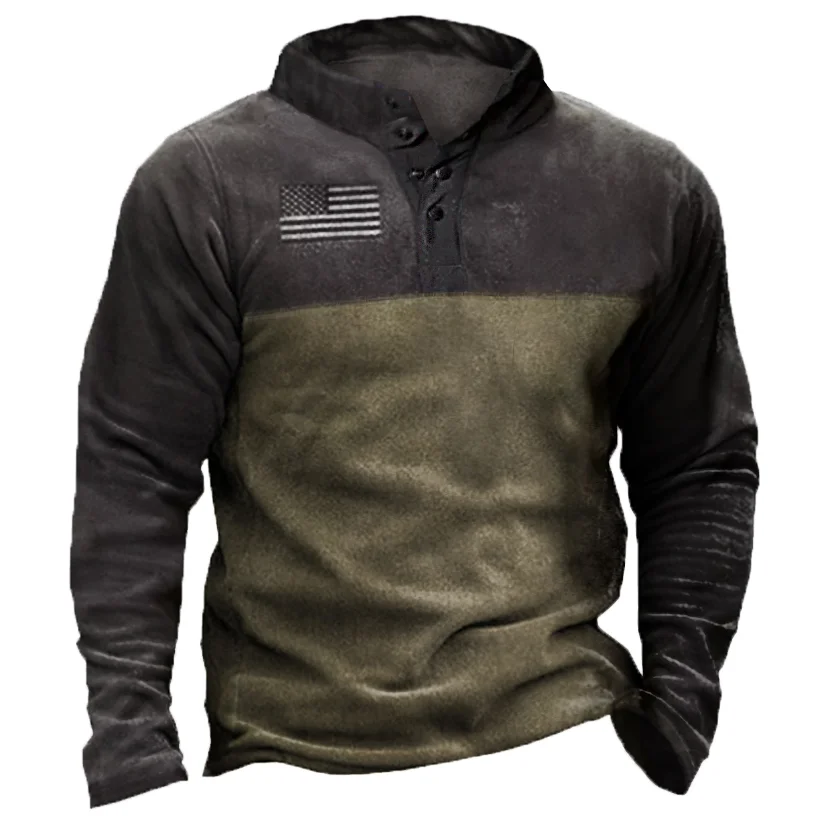 Men's American Flag Outdoor Warm Fleece Henry Collar  Sweatshirt