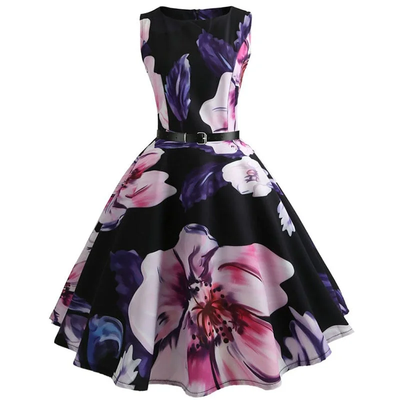 Floral Printed Women Summer Dresses 2022 Elegant O-neck Sleeveless Tank Robe Vintage Rockabilly Dress Pinup Swing with Belt