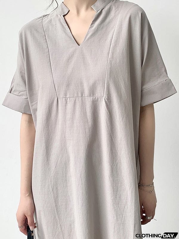 Loose Short Sleeves Solid Color V-Neck Maxi Dresses
