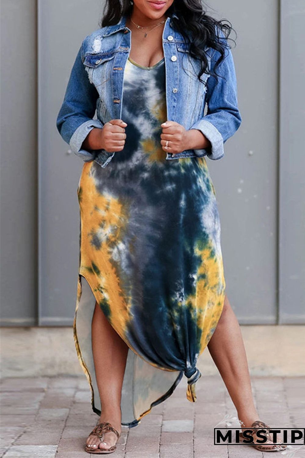 Rose Red Fashion Casual Print Tie Dye Slit O Neck Short Sleeve Dress