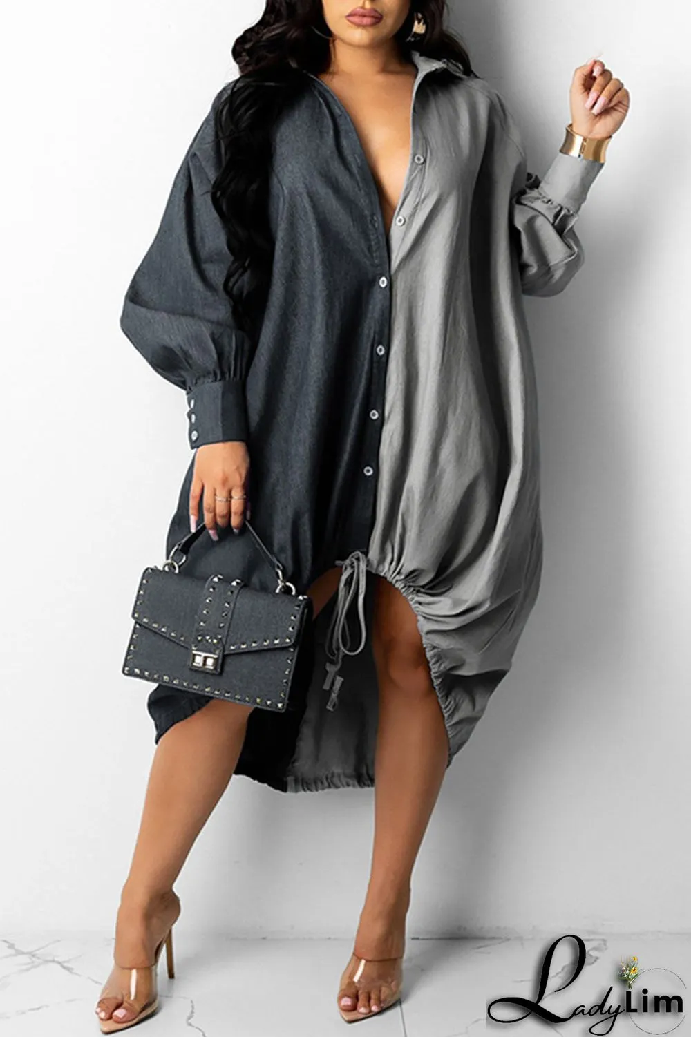 Black Fashion Casual Plus Size Solid Split Joint Asymmetrical Turndown Collar Shirt Dress