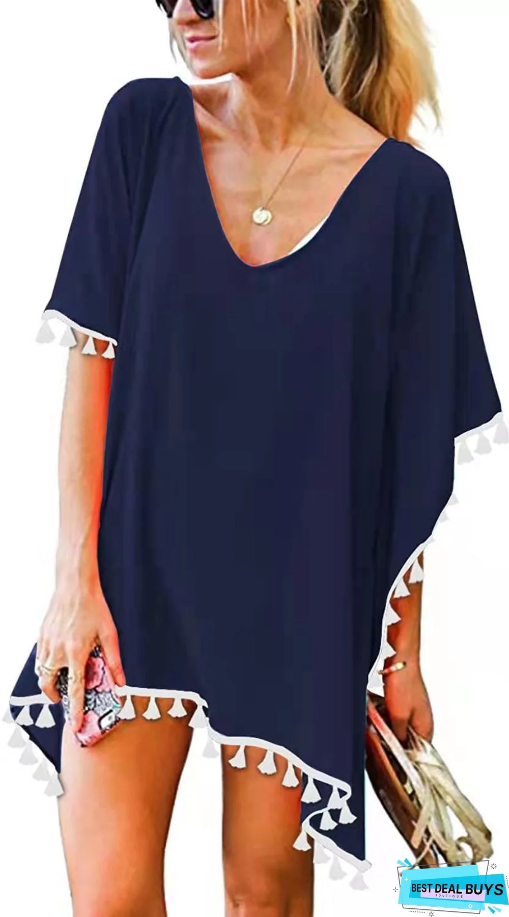 Round Neck Chiffon Tassel Dress Plus Size Loose Beach Blouse