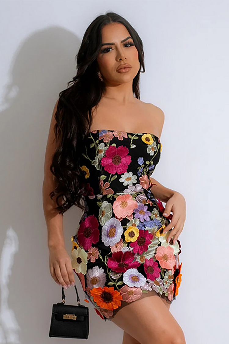 Floral Embroidery Bodycon Party Mini Tube Dresses-Black
