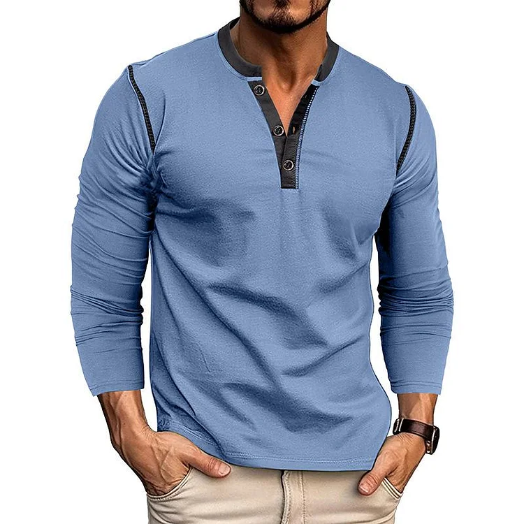 Men's Retro Colorblock Henley Collar Slim Fit Long Sleeve T-Shirt
